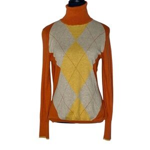 MEXX Argyle Turtleneck Lightweight Sweater Orange Yellow Beige Earth Tones XL